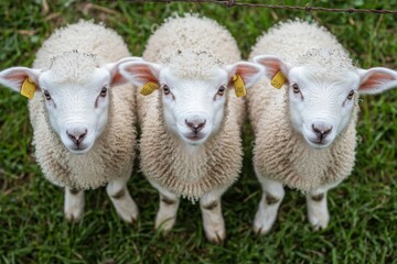 Obraz premium Three curious lambs lined up by a fence in a green pasture during daylight hours