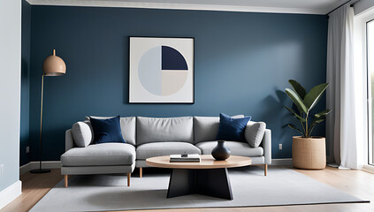 grey sofa sits front round coffee table side cabinet blue wall surrounding modern scandinavian home interior