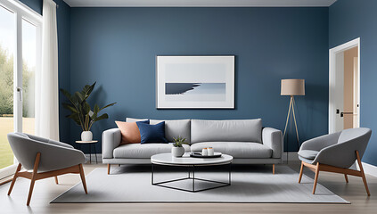 Fototapeta premium grey sofa sits front round coffee table side cabinet blue wall surrounding modern scandinavian home interior