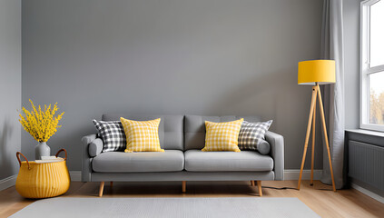grey sofa yellow plaid wicker basket wooden floor lamp modern scandinavian living room grey walls copy space nearby