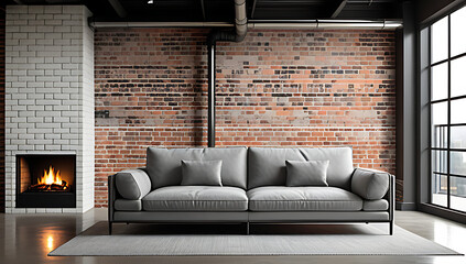 grunge style sofa brick wall loft modern fireplace edgy industrial living room design atmosphere