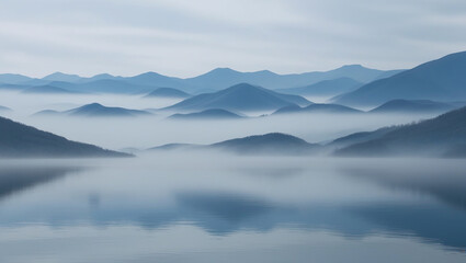 Reflective Lake with Mountain View in Mist, Peaceful Minimalistic Landscape Background