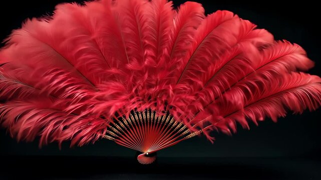 Red feather fan opening on black background