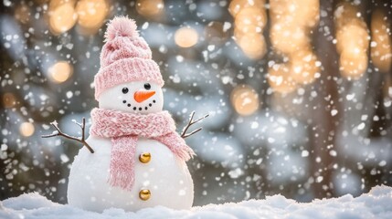 A happy cute Snowman in a pink hat and matching scarf stands in a winter forest, with the snow falling. Merry Christmas and Happy New Year.