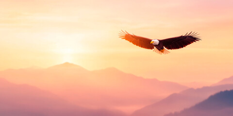 Fototapeta premium Silhouetted eagle flying at sunset over mountainous terrain, capturing the essence of freedom and natural beauty, perfect for themes of wilderness and inspiration