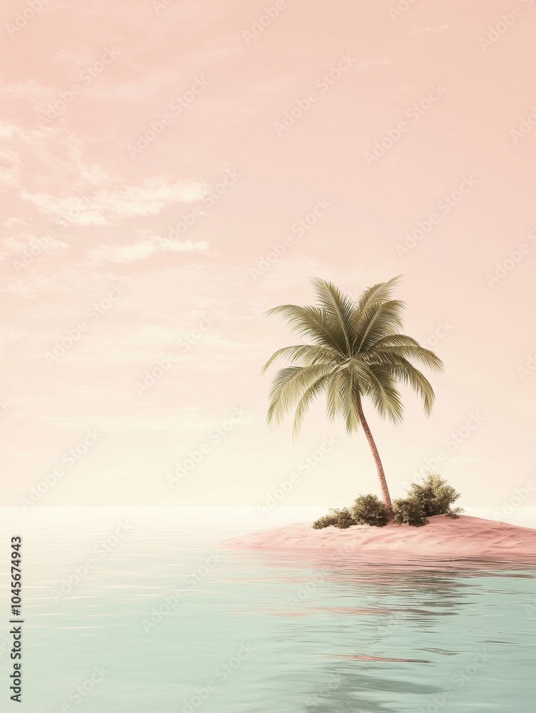 Aufkleber a tranquil tropical island showcases a single palm tree surrounded by calm waters and a soft pastel 