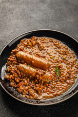 Lentil sausages tasty food dish fresh gourmet food background on the table rustic food top view copy space top view