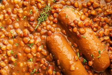 Lentil sausages tasty food dish fresh gourmet food background on the table rustic food top view copy space top view