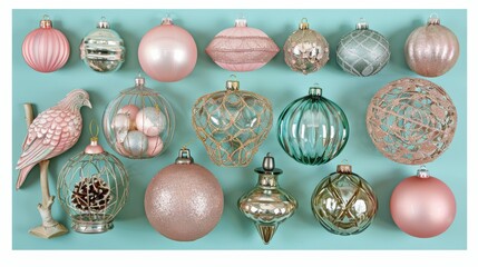 Vibrant decorative glass ornaments for christmas tree against a soft blue backdrop