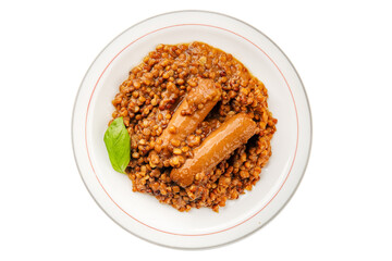 Lentil sausages tasty food dish fresh gourmet food background on the table rustic food top view copy space top view