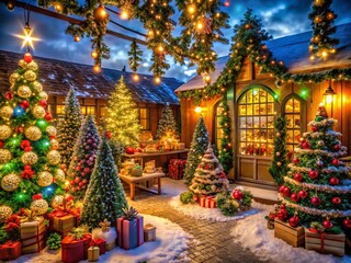 Fototapeta premium Enchanting Long Exposure of a Christmas Workshop Filled with Holiday Decorations and Santa's Workshop Magic