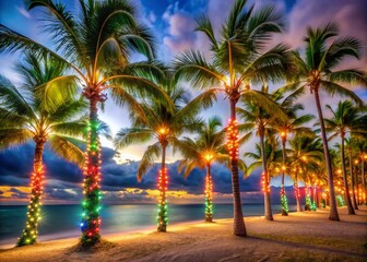 Fototapeta premium Enchanting Long Exposure of Christmas Lights on Palm Trees at Night
