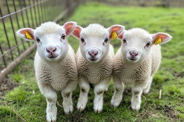 Obraz premium Three adorable lambs standing together on a green pasture during a sunny day