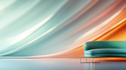 An elegant green sofa complements fluid aqua and orange draped wall, offering a modern and calming visual experience with reflective floor and ambient lighting.