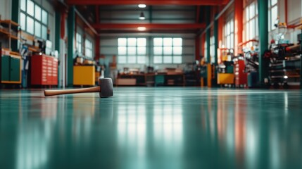 Fototapeta premium A spacious industrial workshop features a reflective green floor with a lone sledgehammer in focus, surrounded by machinery and vibrant hues emphasizing functionality.