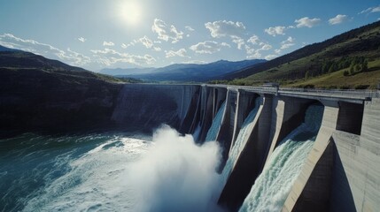 Fototapeta premium Wide open shot of a dam wall held by giant concrete hands with water running through like a waterfall on a sunny day.