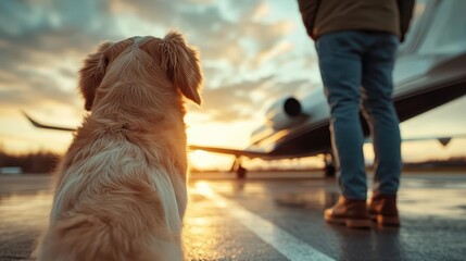 A loyal dog sits attentively next to a person near a sleek private jet as the sun sets, highlighting themes of companionship and luxury travel.