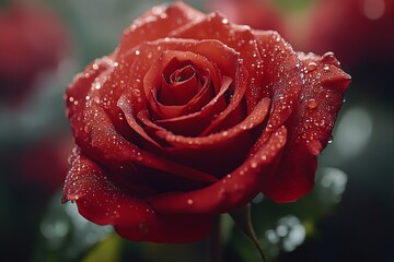 Close up of a vibrant red rose covered in water droplets in natural light during spring