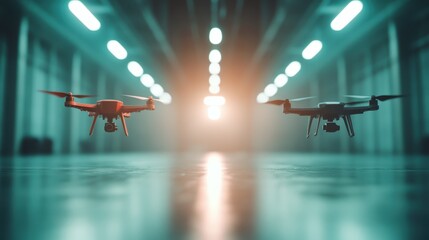 Two drones ascend gracefully under bright lights in a spacious warehouse, showcasing the blend of advanced technology and skillful maneuvering in the air.