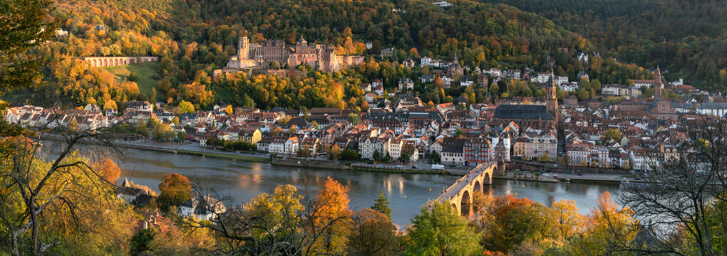 Heidelberg city panorama in autumn season with view of Heidelberg Castle and Old Bridge