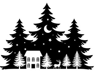 Obraz premium Christmas scene vector illustration, winter vinyl decal for window. Winter vector scene. 