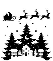 Christmas scene vector illustration, winter vinyl decal for window. Winter vector scene. 
