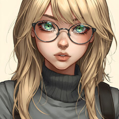 Fototapeta premium Una chica rubia, con lentes y hermosos ojos azules, muy enfocados