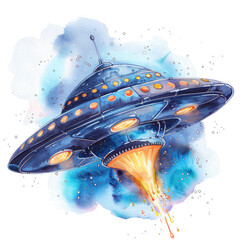 A colorful flying saucer descending with bright flames against a cosmic background