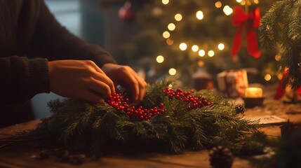 Fototapeta premium In a warm, inviting atmosphere, hands delicately arrange red berries onto a lush green wreath. Soft lights twinkle in the background, enhancing the holiday spirit while crafting beautifully.