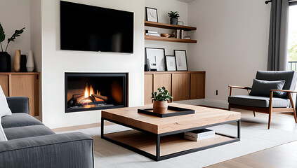 japandi style modern living room rustic coffee table near sofa fireplace