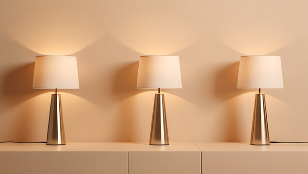 lamps render created visually appealing scene three identical objects beige colored wall