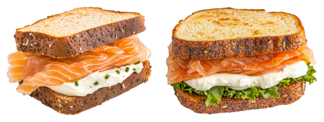 Smoked Salmon Sandwiches with Cream Cheese, isolated on transparent background, perfect for meal kits, brunch offers, or culinary workshops