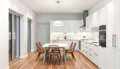 Fototapeta premium Interior of modern kitchen with white counters, dining table, chairs and lamp isolated with white highlights, png