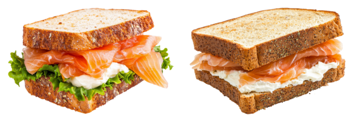 Smoked Salmon Sandwiches with Cream Cheese, isolated on transparent background, useful for catering presentations, online food stores, or event planners