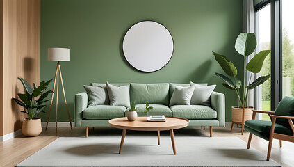 light green sofa sits near round wooden coffee table green wall modern scandinavian living room setting