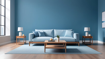 living room sofa wooden coffee tables front large blue wall rendering style design