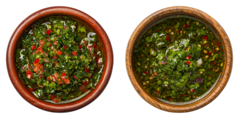 Top View of  Chimichurri Sauce Bowls, Isolated on Transparent Background, Great for Grilling Recipes, Cooking Blogs, and Argentine Cuisine Illustrations
