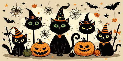Halloween cats  and pumpkins 