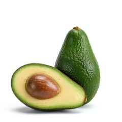 Image of Whole and Halved Hass Avocado Displaying Pit, Isolated on White