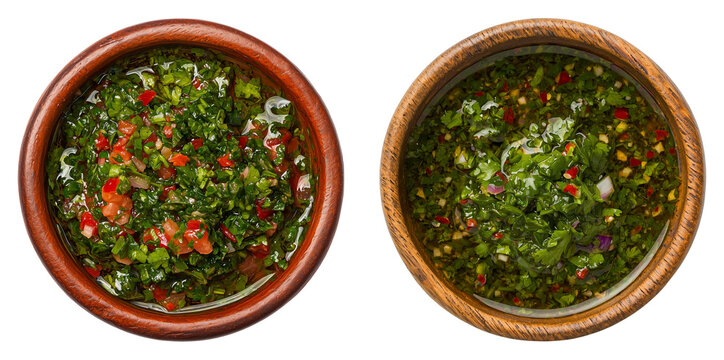 Top View of  Chimichurri Sauce Bowls, Isolated on Transparent Background, Great for Grilling Recipes, Cooking Blogs, and Argentine Cuisine Illustrations