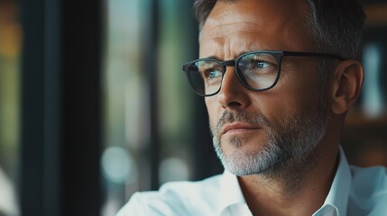 Obraz premium Thoughtful Man in Glasses with Neutral Background