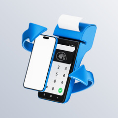 POS payment terminal with smartphone with cashback arrows. Contactless payment NFC concept. Digital transfer of money. 3d render illustration. Cashless society concept.
