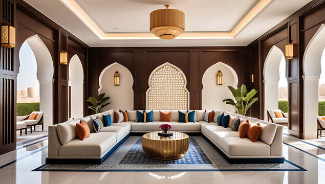 luxurious hotel features comfortable seating areas middle eastern decor accents including plush sofas ornate patterns
