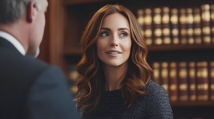 Fototapeta premium Confident Caucasian woman in a library setting, engaged in conversation.