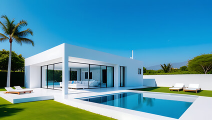 Fototapeta premium luxury white villa small minimalist architecture beautiful blue landscape setting