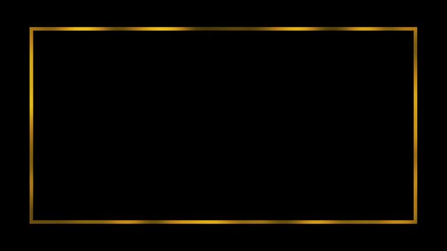 Gold frame. Animated rectangular border. Gold title background. Black abstract text banner. Line art. Wedding model frame. Copy space. Luxury and sophistication. Glitter and shiny square. Thin line.
