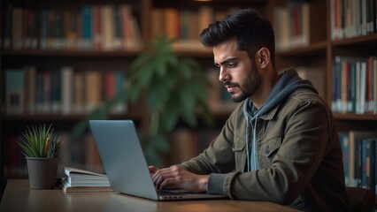 Young Cybersecurity Student Engaged in Study at Library with Warm Lighting