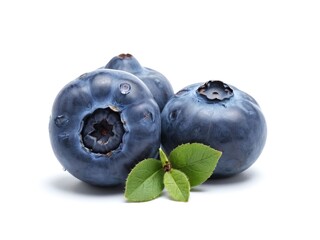 Obraz premium Close-up of Fresh Jersey Blueberries with Wet Green Leaf Isolated on White