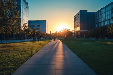 Fototapeta premium As the sun sets behind sleek buildings on a university campus, people stroll along the pathways, enjoying the tranquil evening atmosphere and vibrant sky