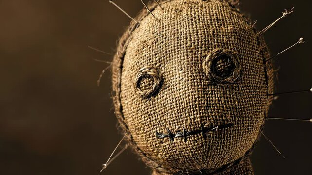 Creepy burlap voodoo doll slowly rotating its head